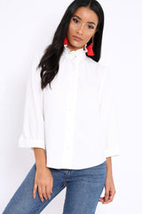 White Ruffle Neck Blouse with Cut out Back - Amelie-Tops