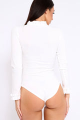 White Ruffle Neck Bodysuit - Trudy-Bodysuits
