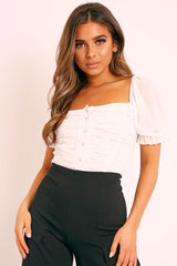 White Ruffle Pearl Button Crop Top - Stefani-Crop Tops