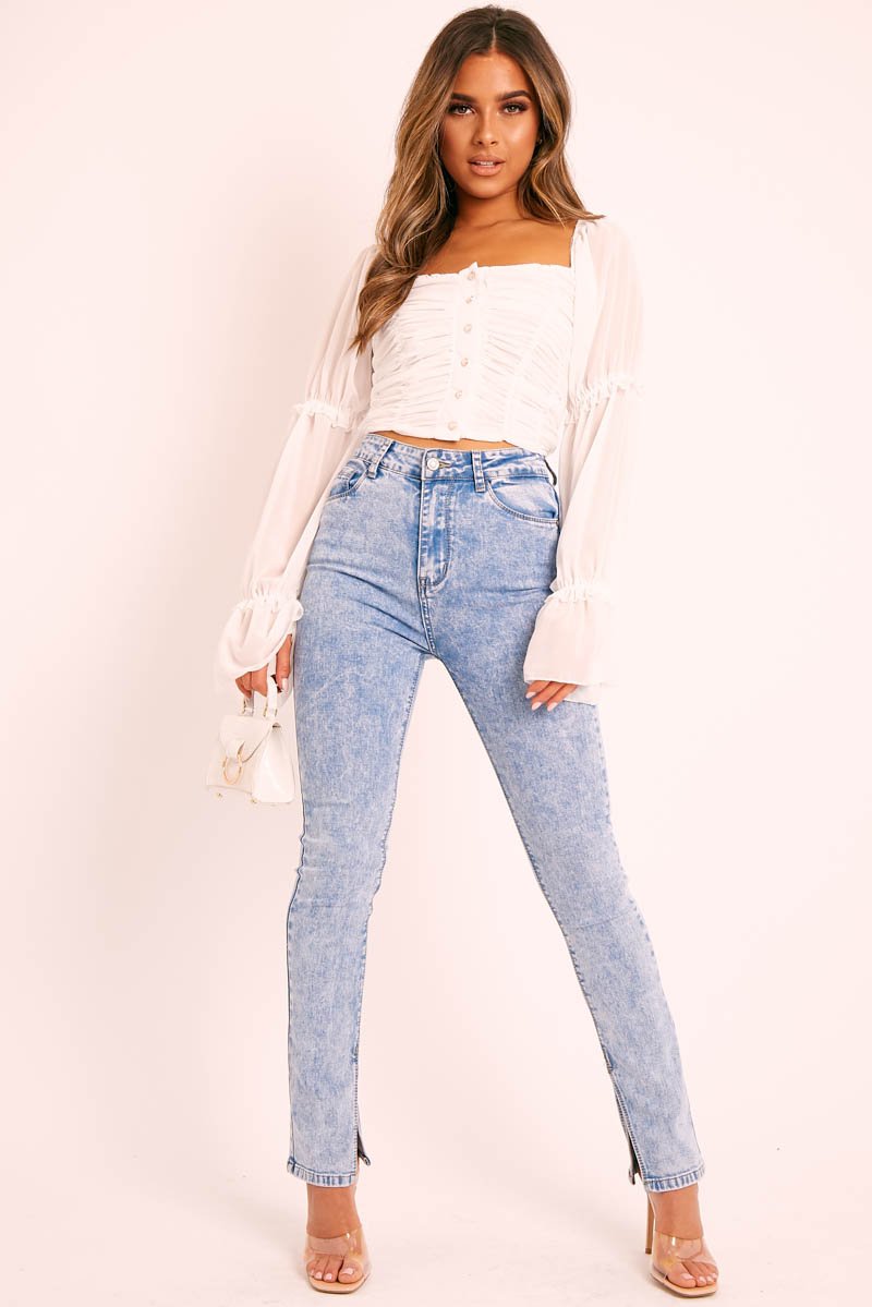 White Ruffle Pearl Button Long Sleeve Crop Top - Demi-Tops