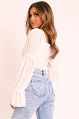 White Ruffle Pearl Button Long Sleeve Crop Top - Demi-Tops