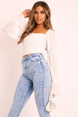 White Ruffle Pearl Button Long Sleeve Crop Top - Demi-Tops