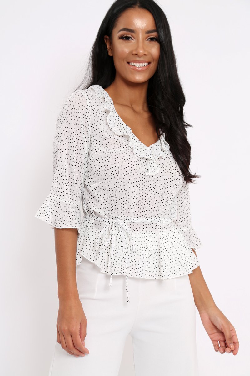 White Ruffle Polka Dot Blouse - Cassie-Tops