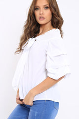 White Ruffle Sleeve Bardot Top - Crissy-Tops