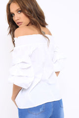 White Ruffle Sleeve Bardot Top - Crissy-Tops