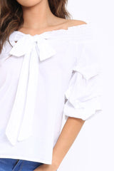 White Ruffle Sleeve Bardot Top - Crissy-Tops