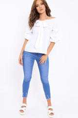 White Ruffle Sleeve Bardot Top - Crissy-Tops
