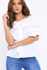 White Ruffle Sleeve Bardot Top - Crissy-Tops