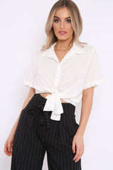White Ruffle Sleeve Tie Front Shirt - Mariana-Tops