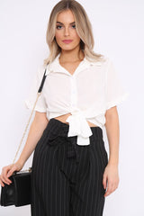 White Ruffle Sleeve Tie Front Shirt - Mariana-Tops