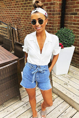 White Ruffle Sleeve Tie Front Shirt - Mariana-Tops