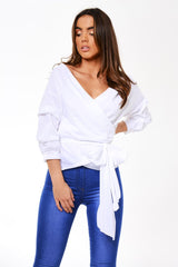 White Ruffle Sleeve Wrapover Top - Susie-Tops