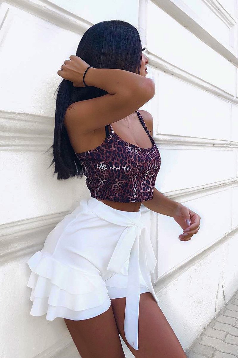 White Ruffle Trim Belted Shorts - Afra-Shorts