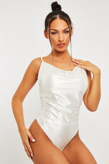White Satin Cowl Neck Bodysuit - Miley-Bodysuits