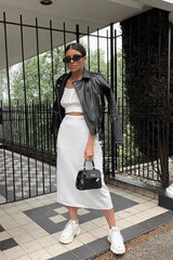 White Satin Floaty Midi Skirt - Serafina-Skirts