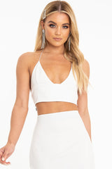White Satin Lace Up Plunge Triangle Bralet - Tabby-Crop Tops