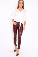 White Satin Ruffle Sleeve Wrapover Top - Susie-Tops