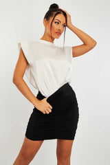 White Satin Shoulder Pad Bodysuit - Saira-Bodysuits