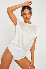 White Satin Shoulder Pad Bodysuit - Saira-Bodysuits