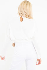 White Satin Shoulder Pad Shirred Waist Blouse - Farida-Blouse