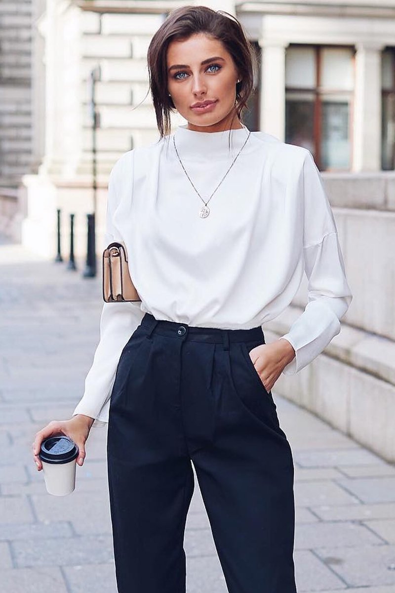 White Satin Shoulder Pad Shirred Waist Blouse - Farida-Blouse
