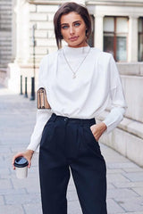 White Satin Shoulder Pad Shirred Waist Blouse - Farida-Blouse