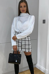 White Satin Shoulder Pad Shirred Waist Blouse - Farida-Blouse