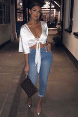 White Satin Tie Crop Top - Alara-Crop Tops