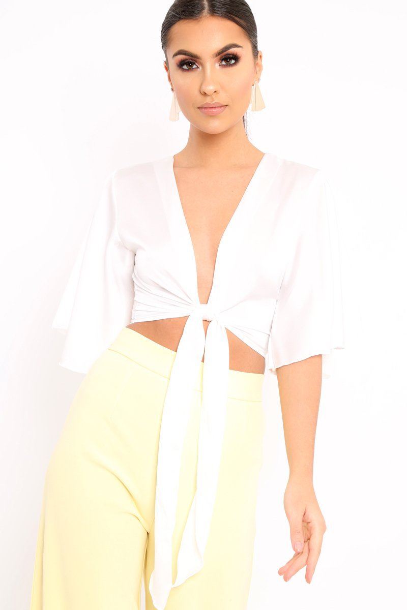 White Satin Tie Crop Top - Alara-Crop Tops