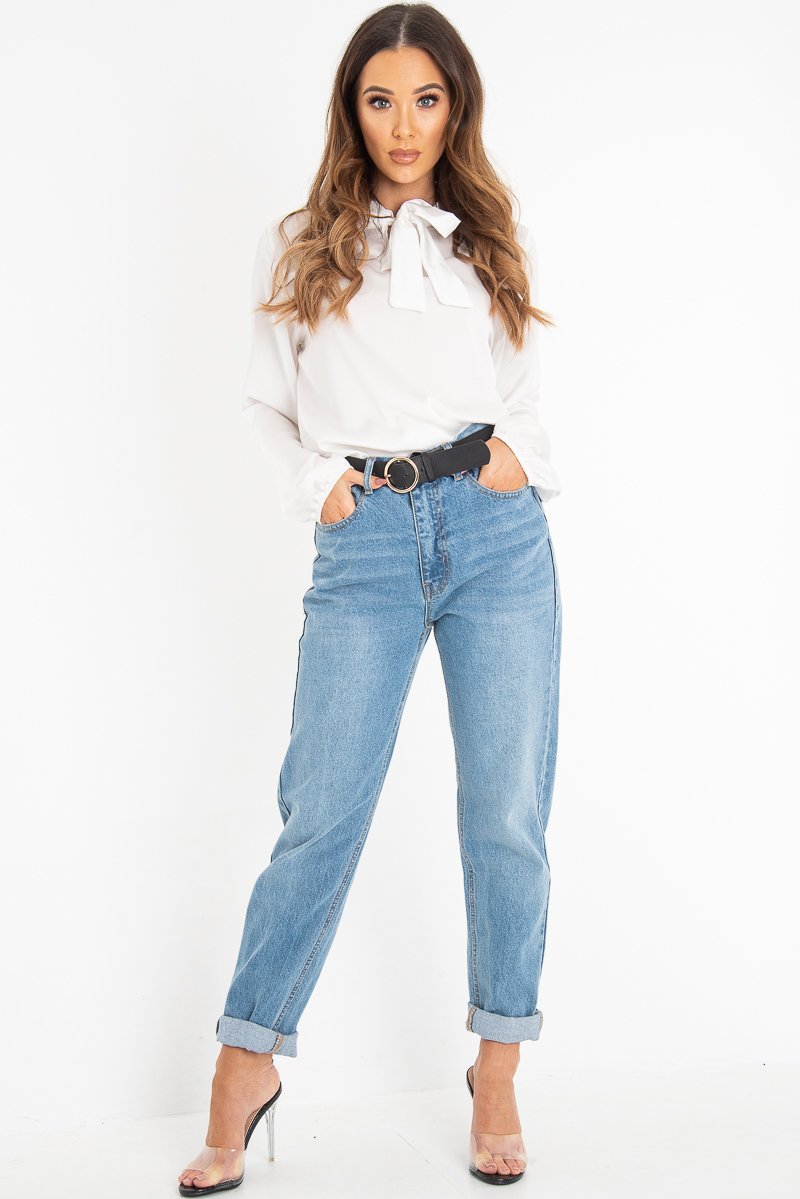 White Satin Tie Front Long Sleeve Blouse - Cherie-Blouse
