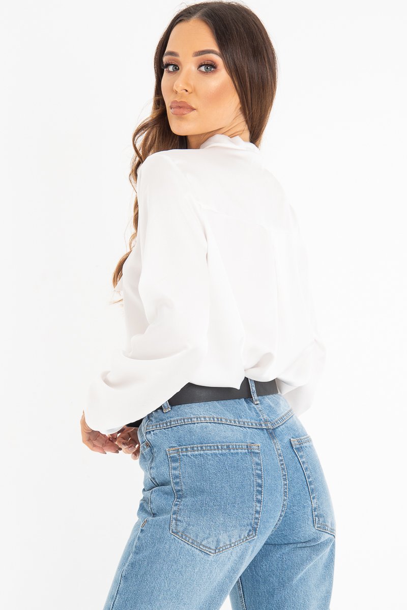 White Satin Tie Front Long Sleeve Blouse - Cherie-Blouse