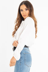 White Satin Tie Front Long Sleeve Blouse - Cherie-Blouse