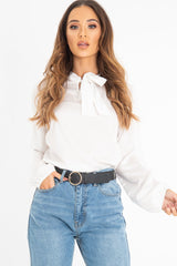 White Satin Tie Front Long Sleeve Blouse - Cherie-Blouse