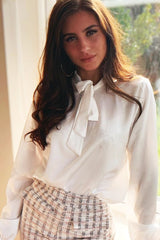 White Satin Tie Front Long Sleeve Blouse - Cherie-Blouse