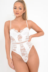 White Scalloped Lace Satin Bodysuit - Jeriah-Bodysuits