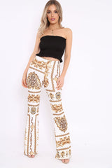 White Scarf Print High Waist Flared Trousers - Aamari-Trousers