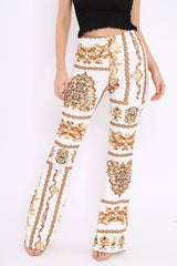 White Scarf Print High Waist Flared Trousers - Aamari-Trousers