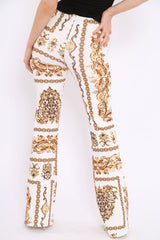 White Scarf Print High Waist Flared Trousers - Aamari-Trousers