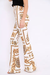 White Scarf Print High Waist Flared Trousers - Aamari-Trousers