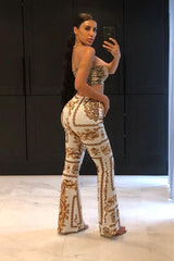 White Scarf Print High Waist Flared Trousers - Aamari-Trousers