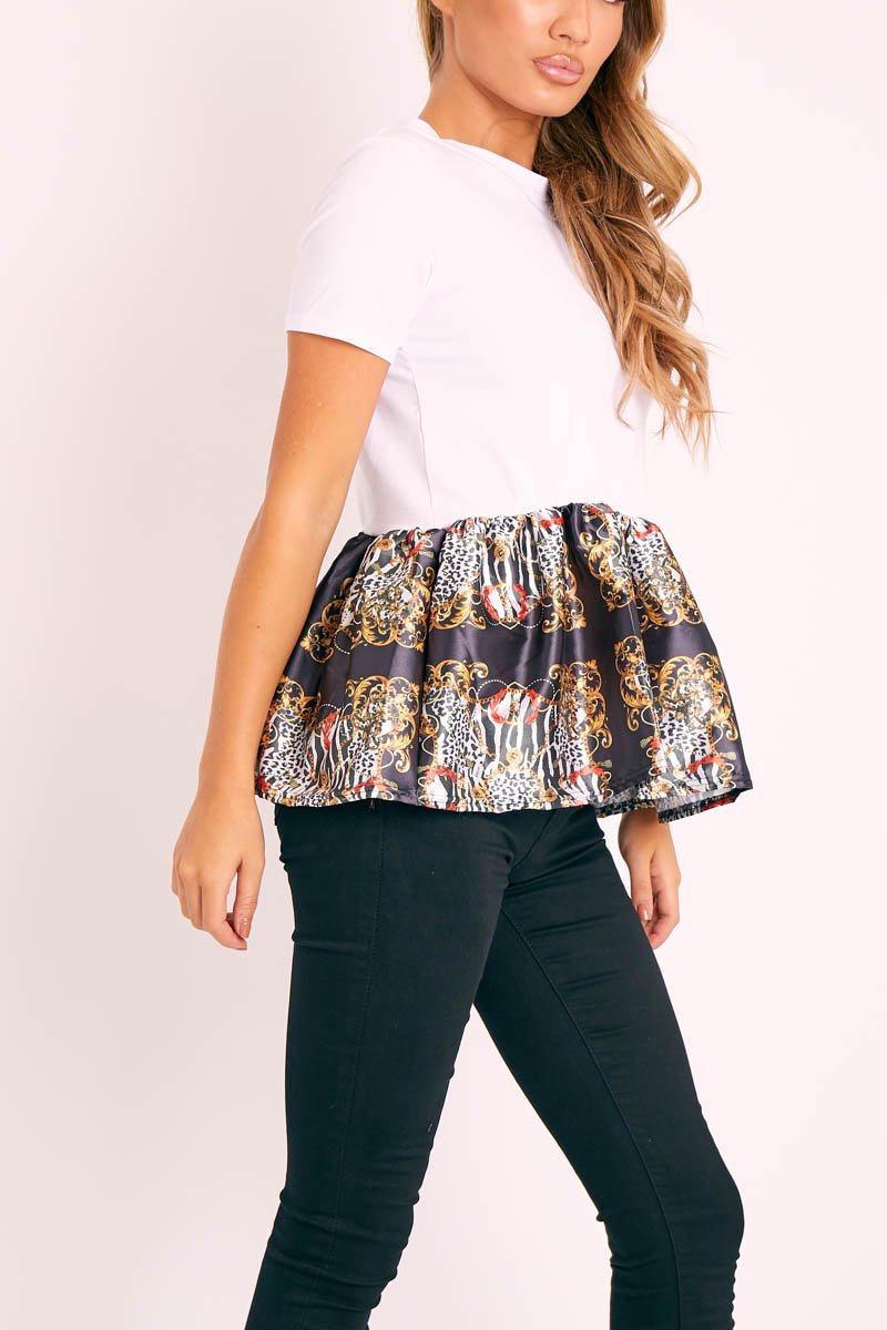 White Scarf Print Satin Ruffle Hem T-Shirt - Mailyn-Tops