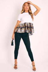 White Scarf Print Satin Ruffle Hem T-Shirt - Mailyn-Tops