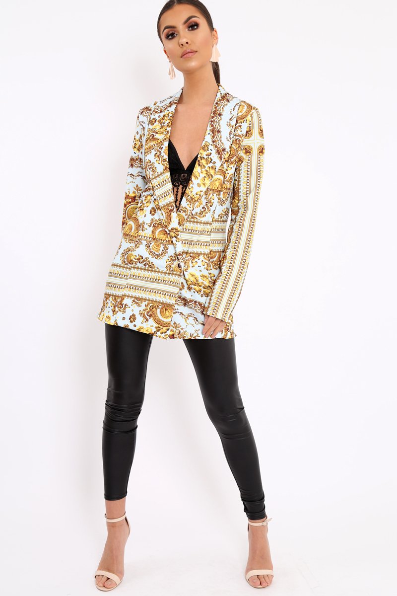 White Scarf Print Two Button Blazer - Hilary-Jackets