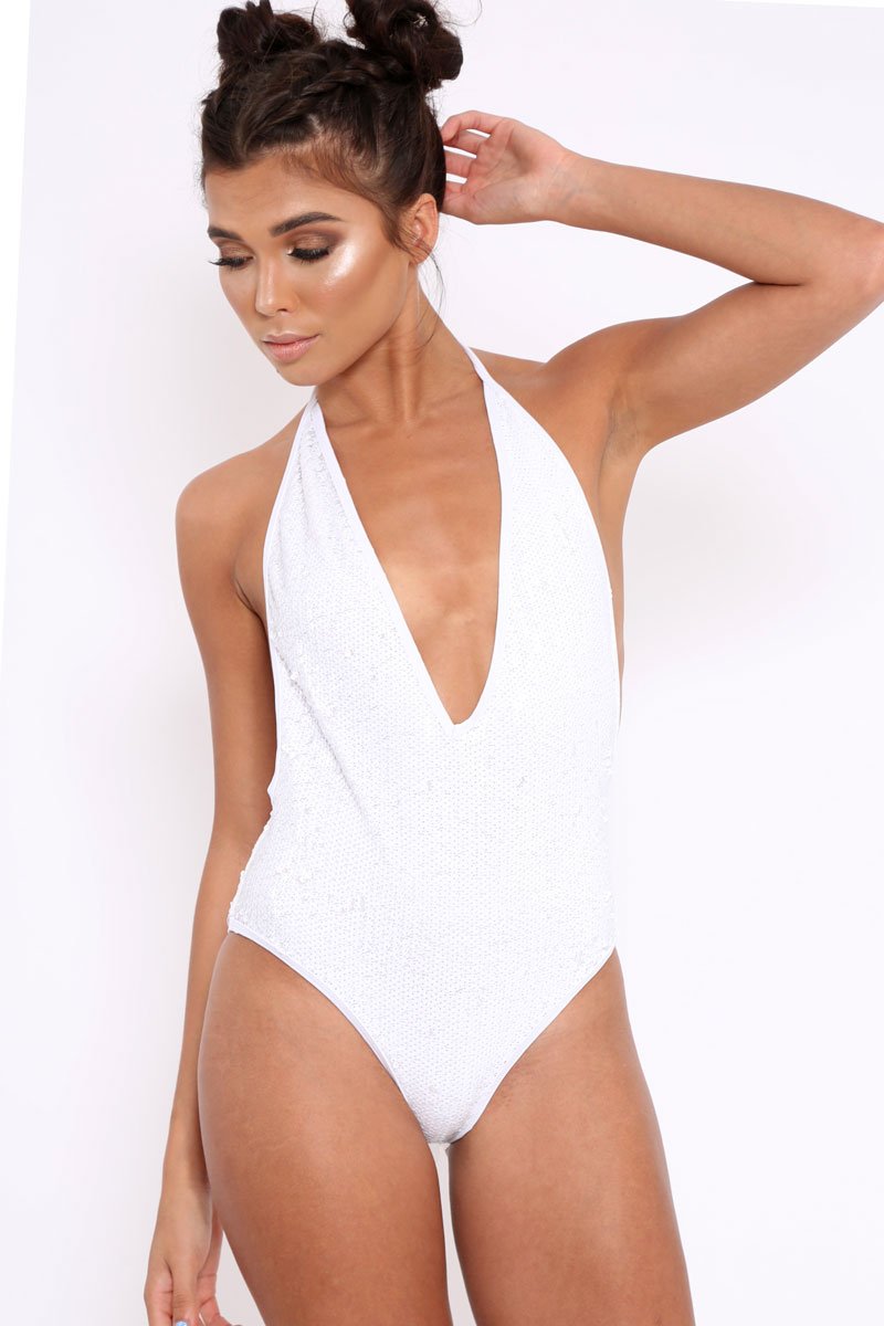 White Sequin Deep Plunge Halterneck Swimsuit - Katniss-Swimsuits