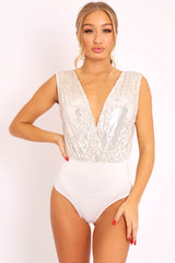 White Sequin Embellished Extreme Plunge Bodysuit - Yamila-Bodysuits