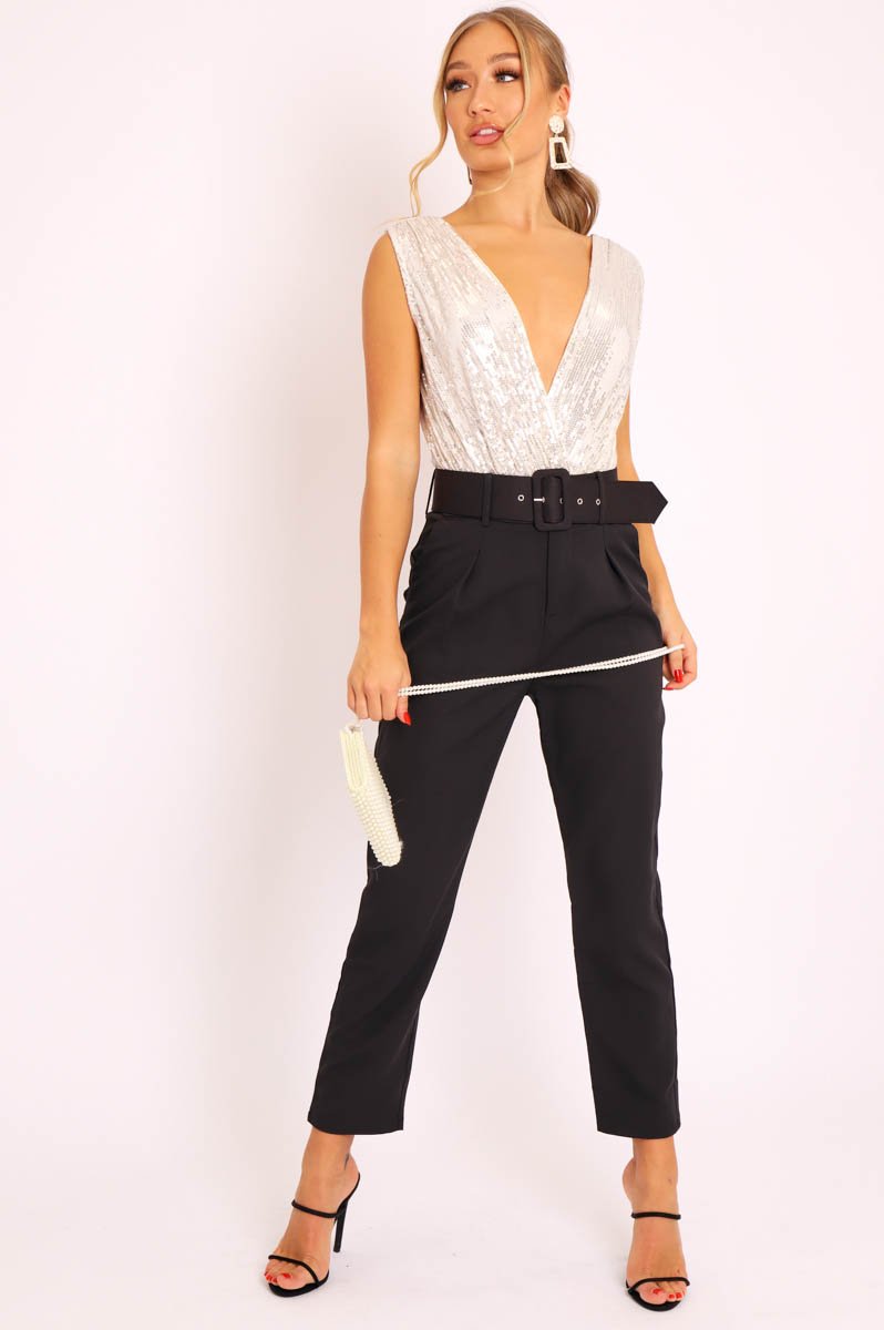 White Sequin Embellished Extreme Plunge Bodysuit - Yamila-Bodysuits