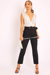 White Sequin Embellished Extreme Plunge Bodysuit - Yamila-Bodysuits