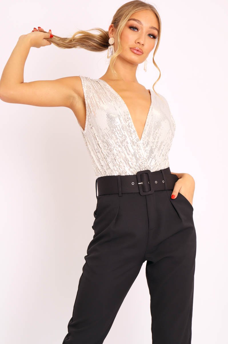 White Sequin Embellished Extreme Plunge Bodysuit - Yamila-Bodysuits