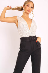 White Sequin Embellished Extreme Plunge Bodysuit - Yamila-Bodysuits