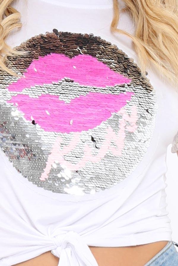 White Sequin Tie Knot T-Shirt - Grace-Tops